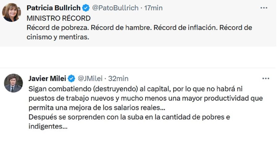 Los tuits de Patricia Bullrich y Javier Milei sobre la pobreza
