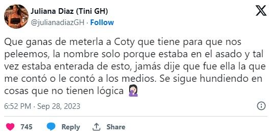 Coty Romero respondió contundentemente después de ser involucrada en la polémica entre Juliana Díaz y Camila Lattanzio