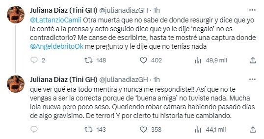 Juliana Díaz estalló de furia contra Camila Lattanzio
