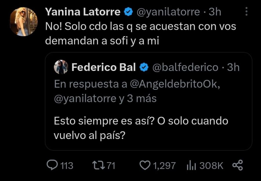 Twitter Yanina Latorre y Fede Bal 
