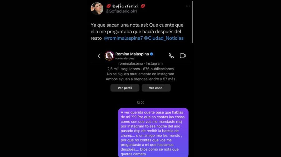 Tuit de Sofía Clerici contra Romina Malaspina