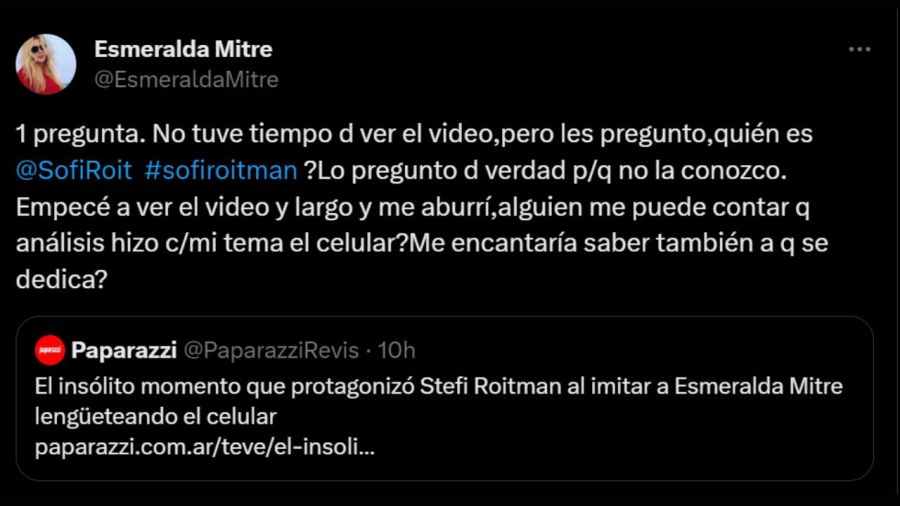 Tuit de Esmeralda Mitre contra Stefi Roitman