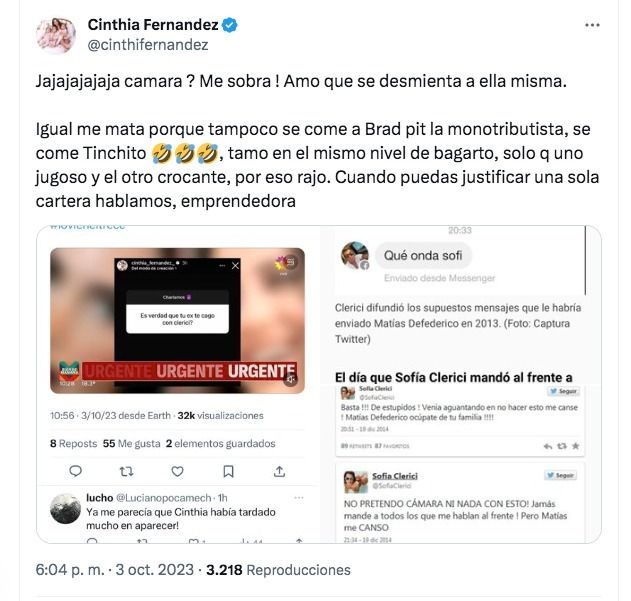 La explosiva reacción de Cinthia Fernández al ver la respuesta de Sofía Clerici