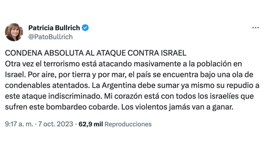 Patricia Bullrich, sobre el ataque contra Israel: 