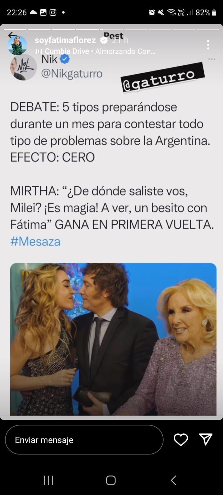 El contundente post de Fátima Florez sobre Javier Milei previo al debate presidencial