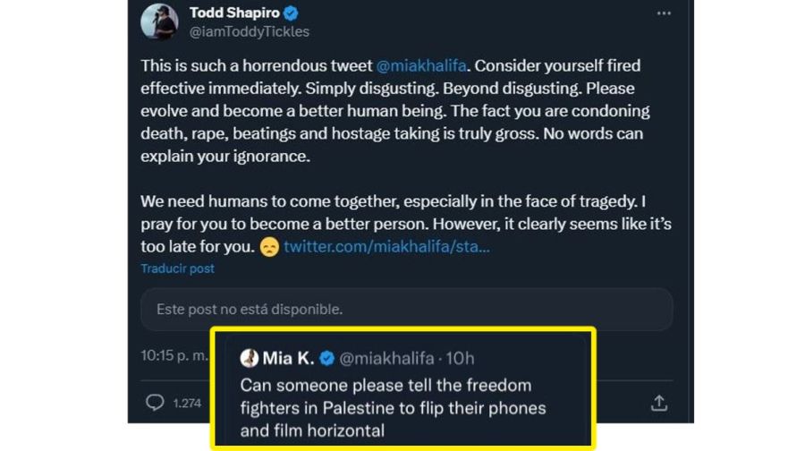 Mia Khalifa despedida de Red Light Holland por apoyar a Hamas
