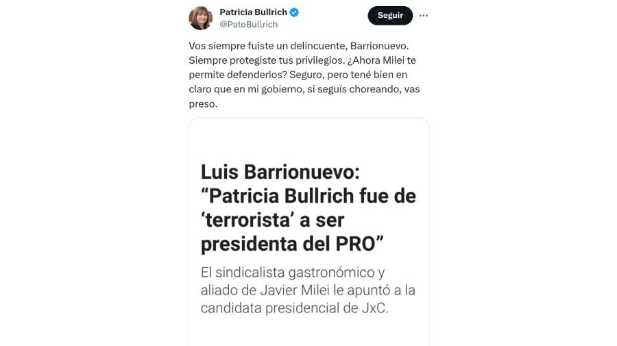 Respuesta de Bullrich a Barrionuevo