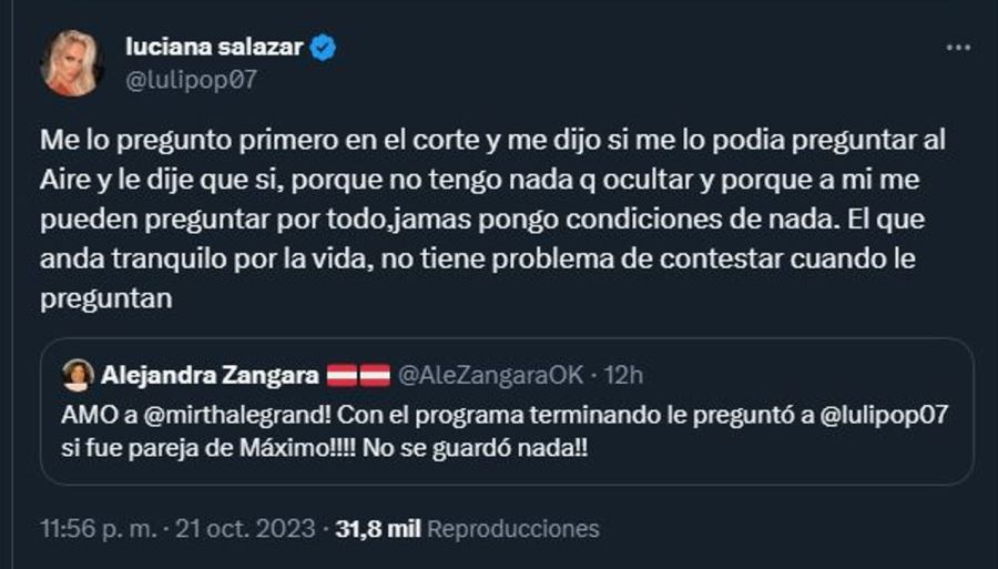 Luciana Salazar desmiente romance Maximo Kirchner