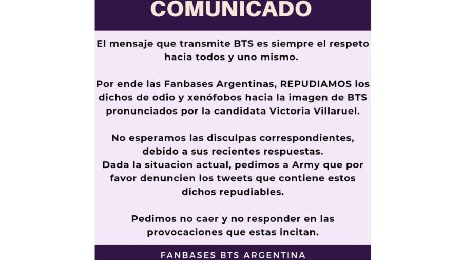 Comunicado fanbases BTS argentina por Victoria Villaruel