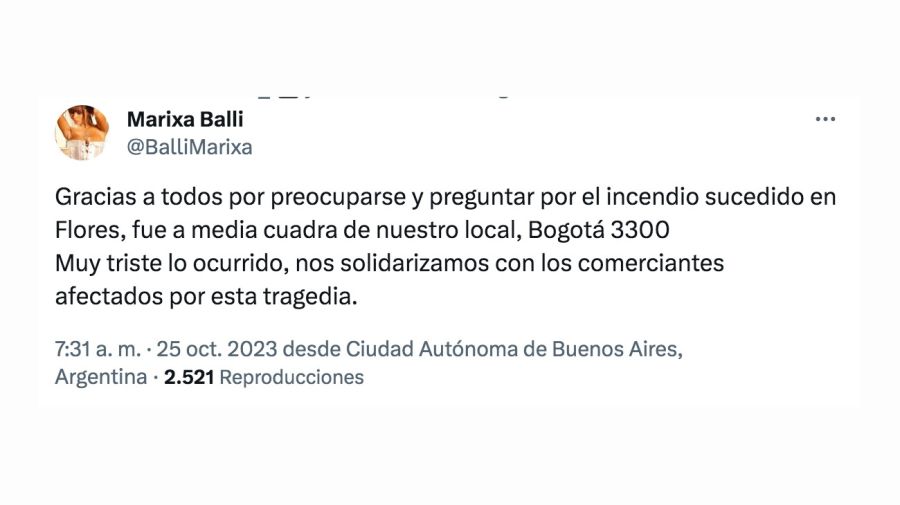 Marixa Balli se solidarizó con los afectados por el incendio en Flores: 