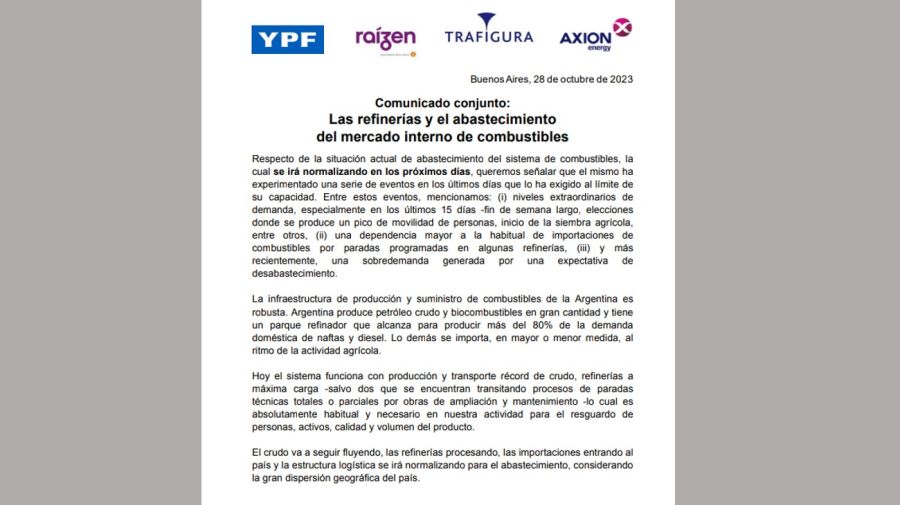 Comunicado conjunto de las petroleras YPF, Raízen, Trafigura y Axion 