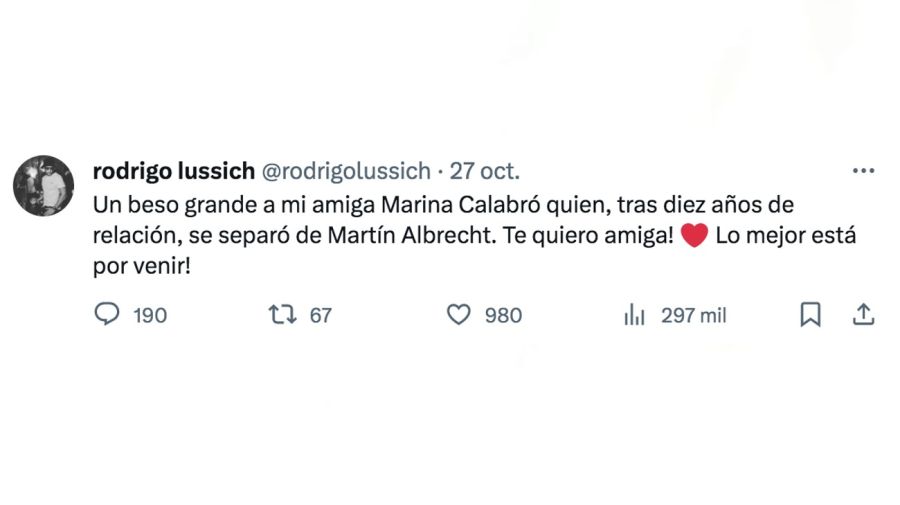 tuit de Rodrigo Lussich sobre la separación de Marina Calabró