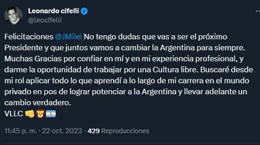 Leo Cifelli mensaje a Javier Milei