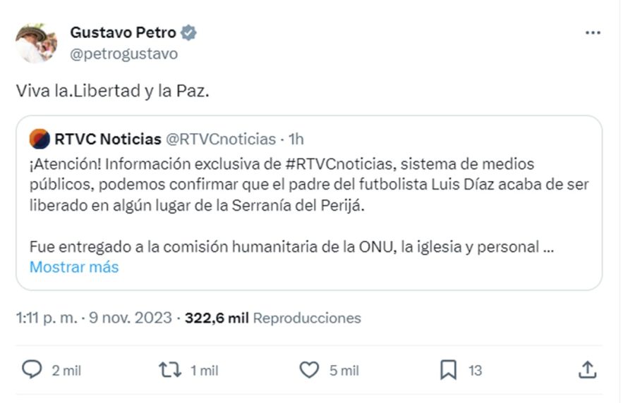 Tweet del presidente colombiano Gustavo Petro sobre la libertad del padre de Luis Díaz