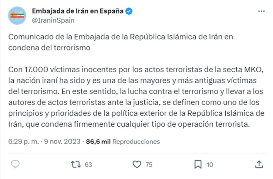 Posteo de la embajada iraní en España