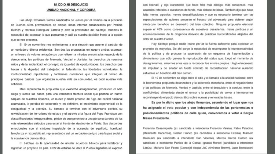 Concejales, ex candidatos y dirigentes de Juntos por el Cambio bonaerense llaman a votar a Massa