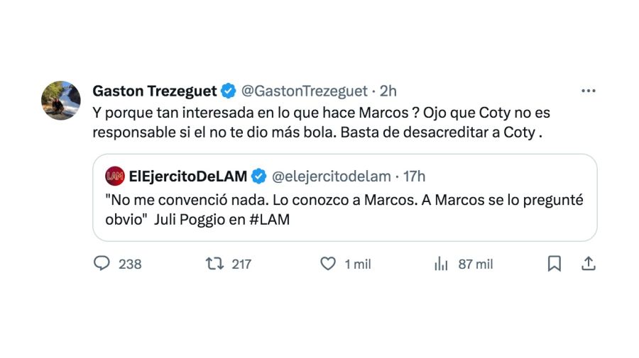 Gastón Trezeguet disparó contra Julieta Poggio y defendió a Coti Romero: 