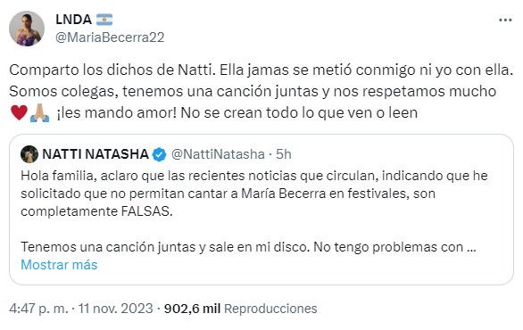 Natti Natasha rompió el silencio tras ser acusada de bajar a María Becerra de festivales