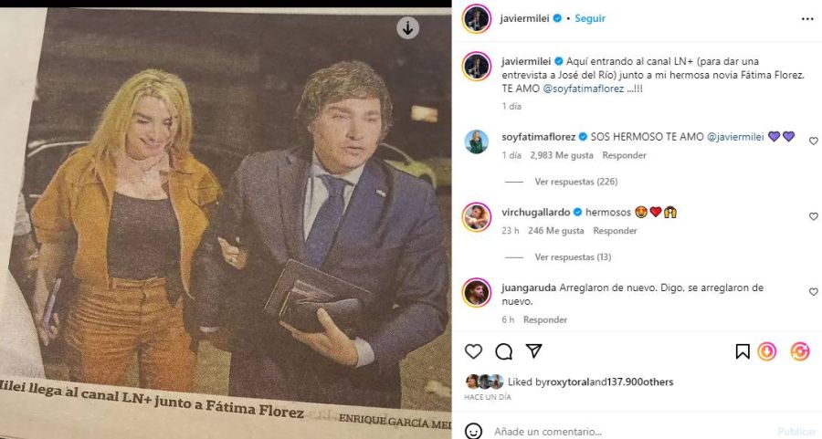 El meloso mensaje de Javier Milei a Fátima Flórez