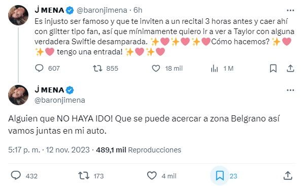 Jimena Barón invitó a una fan de Taylor Swift para que la acompañe a ver su show en River