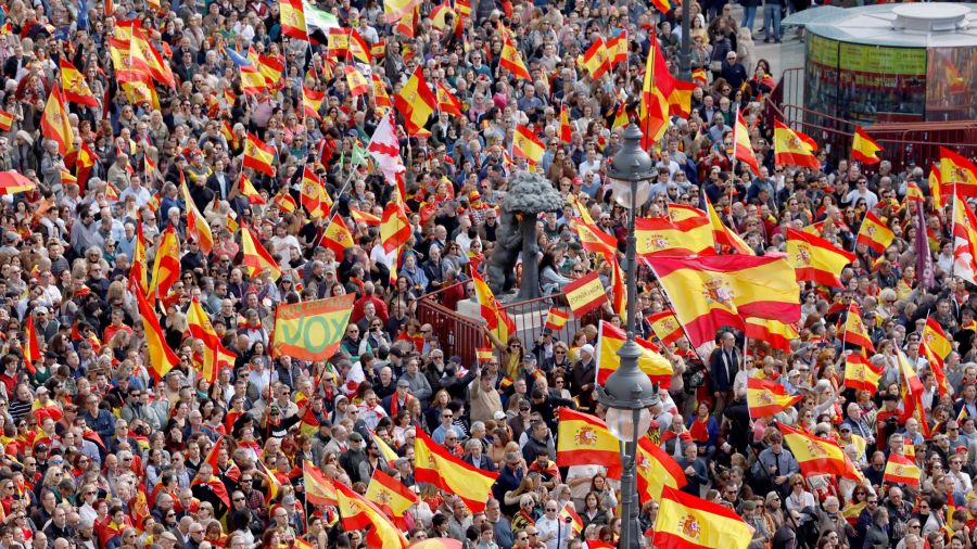 Fotogaleria Los manifestantes sostienen banderas de España y una bandera de España con el nombre del partido de extrema derecha Vox durante una protesta convocada por la oposición de derecha