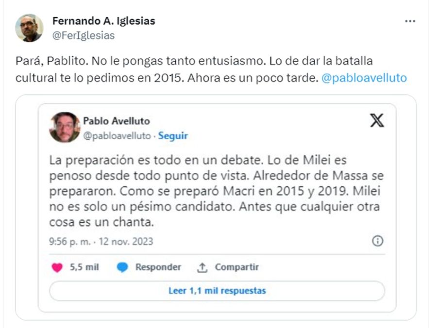Cruce en twitter entre Pablo Avelluto, Fernando Iglesias y Esmeralda Mitre