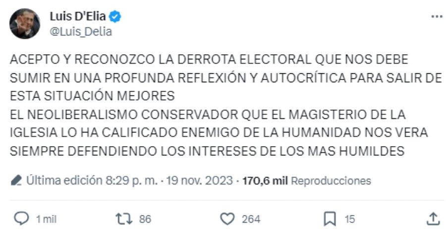 El tweet de Luis D'elía 20231120