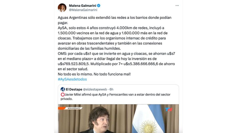 Malena Galmarini salió a responderle a Javier Milei por la privatización de AySA
