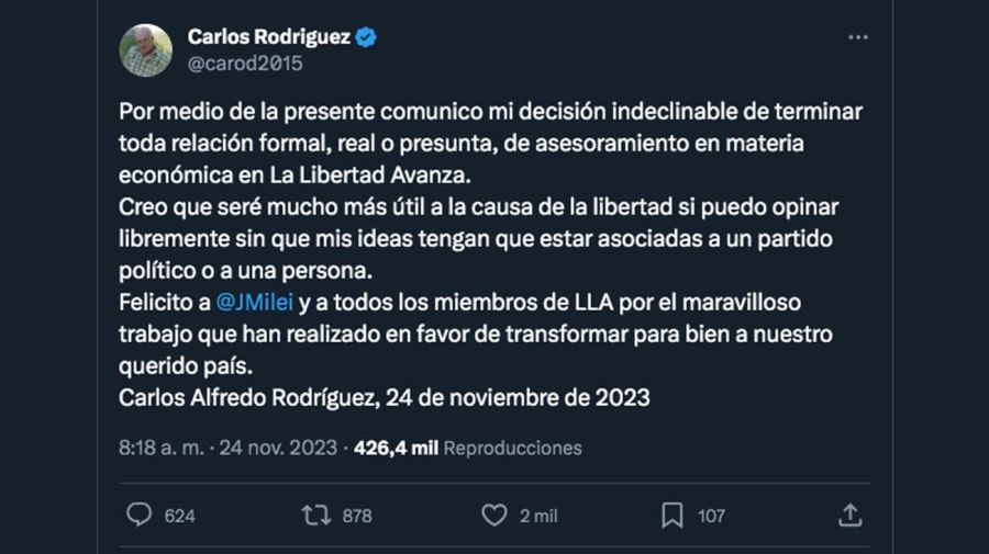 Carlos Rodríguez renunció al equipo económico de Milei.