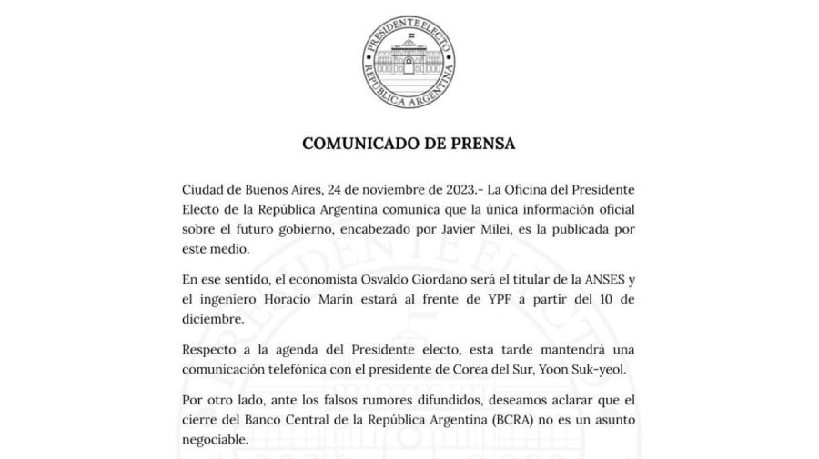 Comunicado de prensa de la oficina del presidente electo Javier Milei