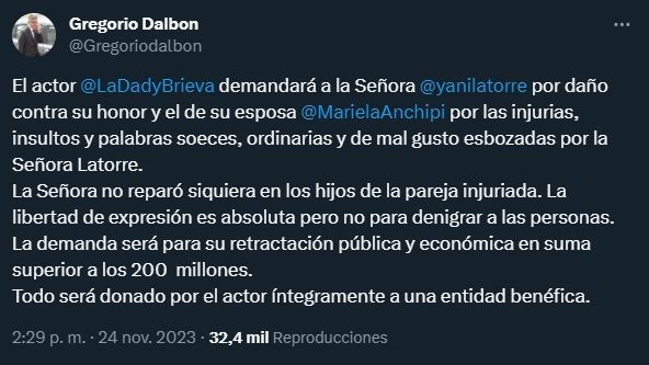 Gregorio Dalbón informó que Dady Brieva demandará a Yanina Latorre