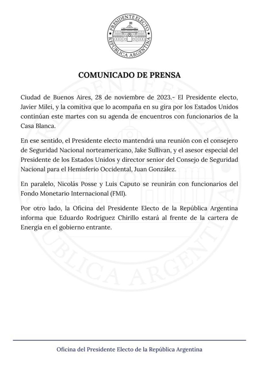 Comunicado de la Oficina de prensa del Presidente electo Javier Milei