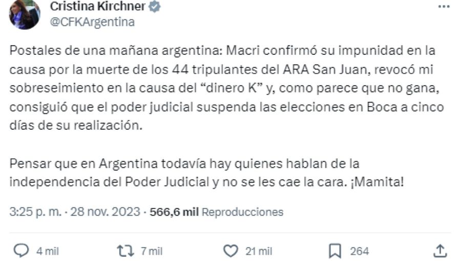 Tweet de Cristina Kirchner 20231128