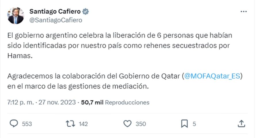 Tweets de autoridades argentinas tras la liberación