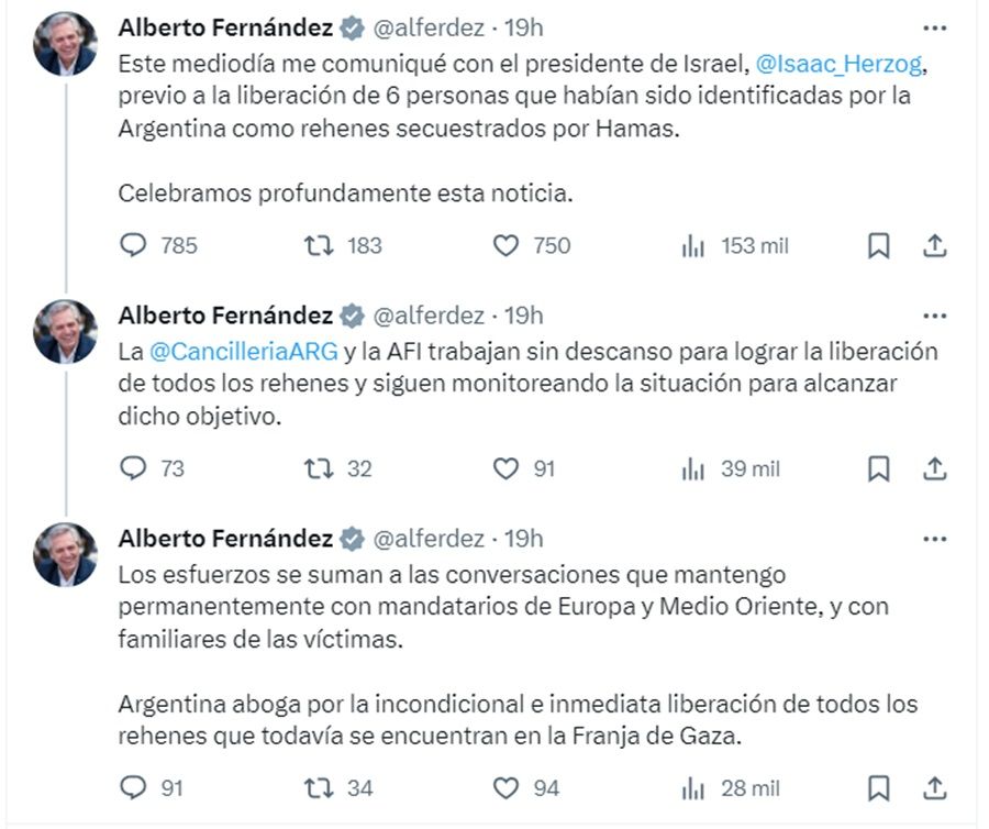 Tweets de autoridades argentinas tras la liberación