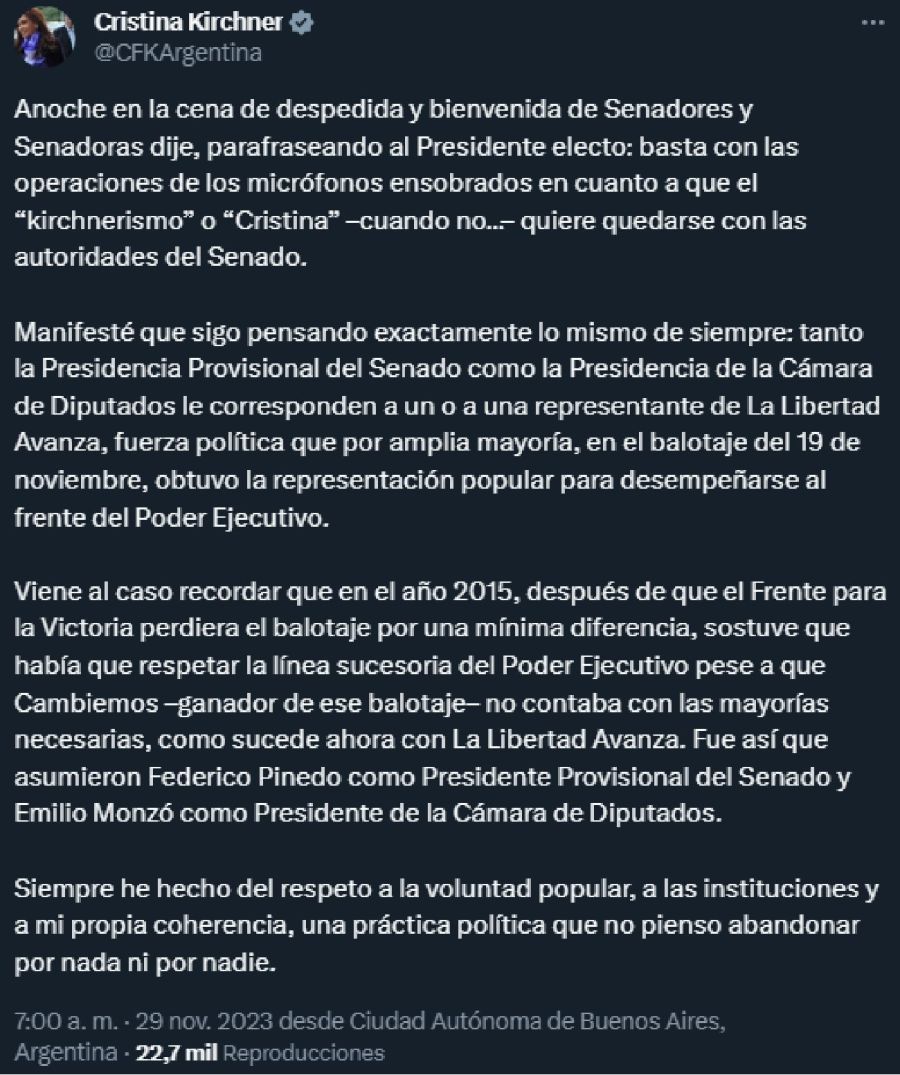 Tuit de Cristina Kirchner