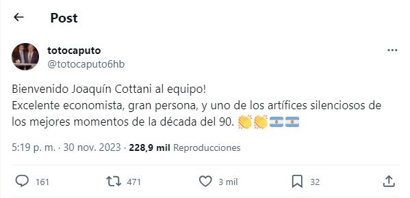 Caputo incorporará a Joaquín Cottani, un exfuncionario de Cavallo, en Economía 