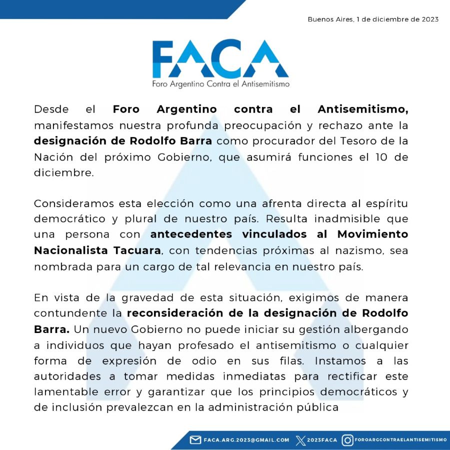 Comunicado de FACA contra Barra 20231201