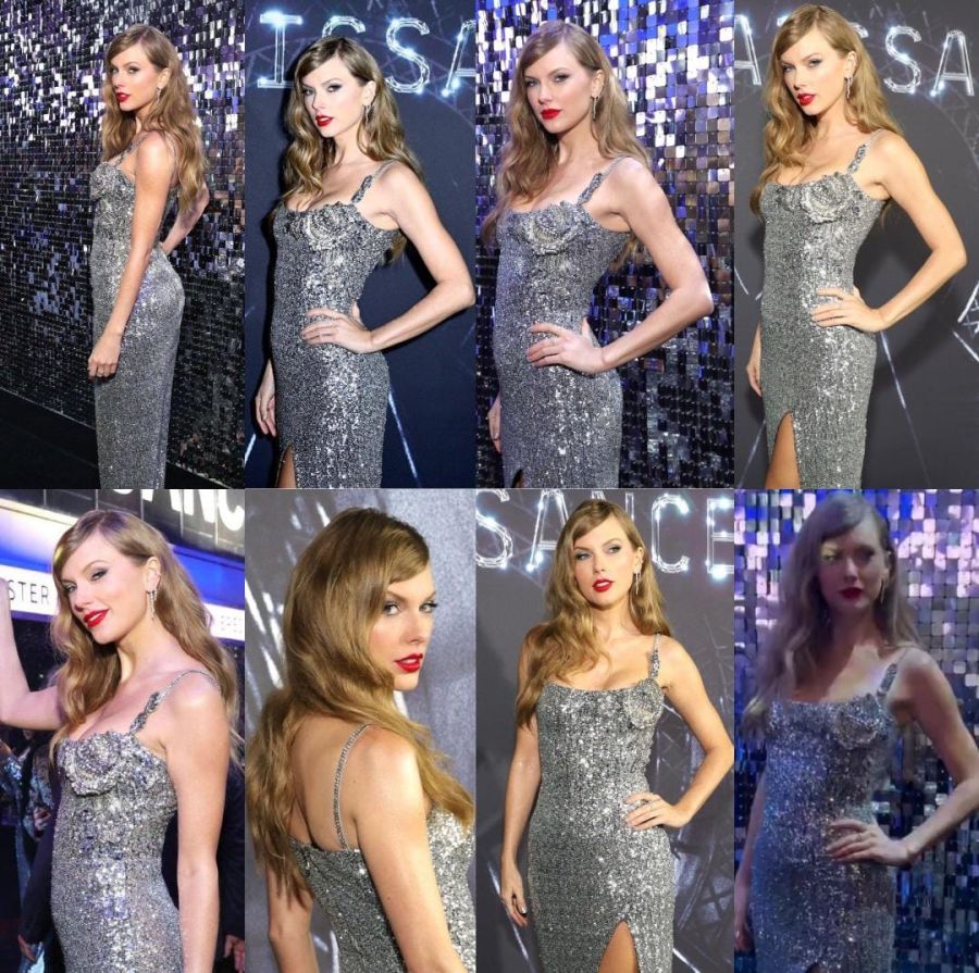 Taylor Swift en un vestido de brillos plateados en la presentación de la pelicula de Beyonce