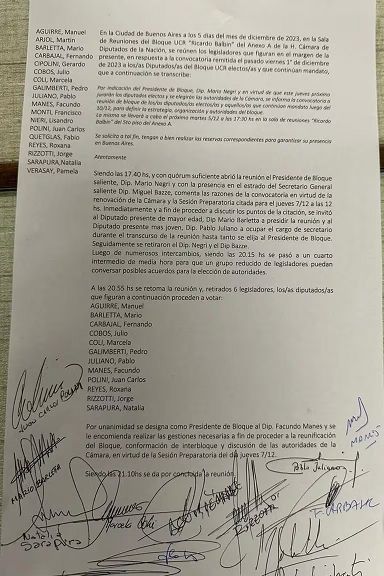 Carta de legisladores apoyando a De Loredo en Diputados