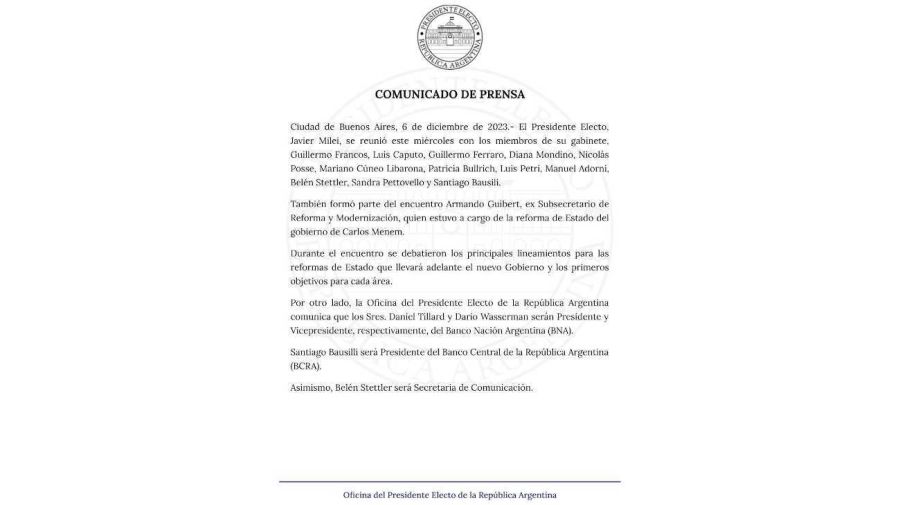 Oficina del Presidente Javier Milei comunicado 20231206