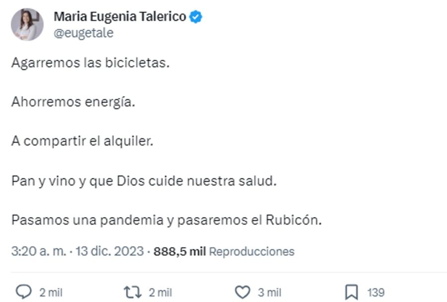 Tweet de María Eugenia Talerico 20231213