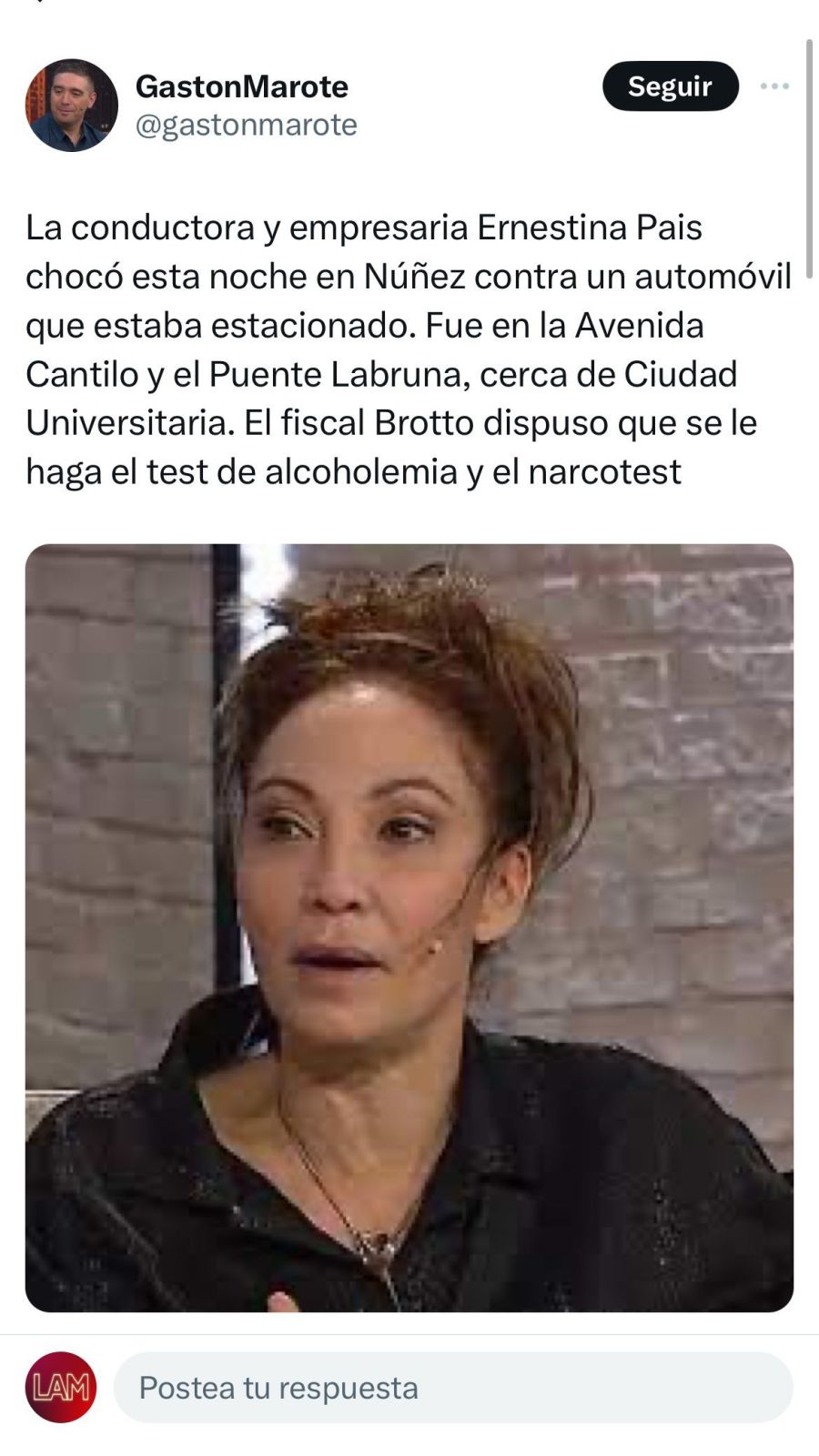 Ernestina Pais chocó en su vehículo y se negó a hacer el test de alcoholemia