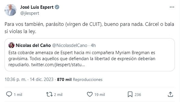 José Luis Espert amenazó de 
