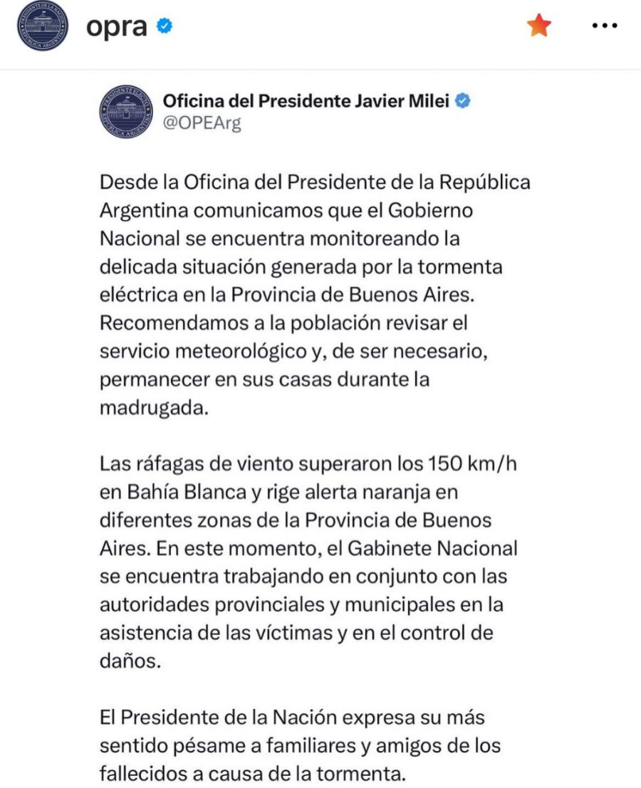 El comunicado de Presidencia, dando cuenta de la situación en Bahía Blanca.