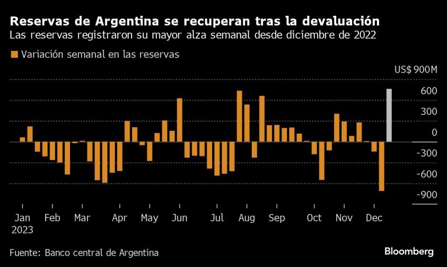 Reservas de Argentina se recuperan tras la devaluación | Las reservas registraron su mayor alza semanal desde diciembre de 2022