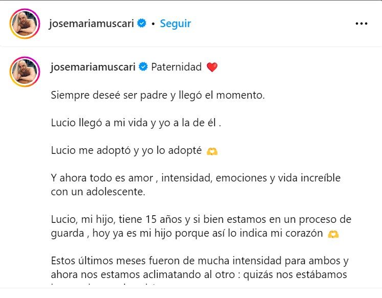 Emotivo mensaje de José María Muscari tras adoptar a su hijo