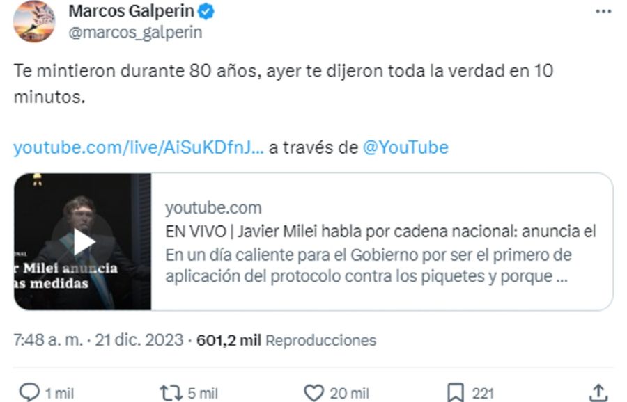 Tweet Marcos Galperín 20231221
