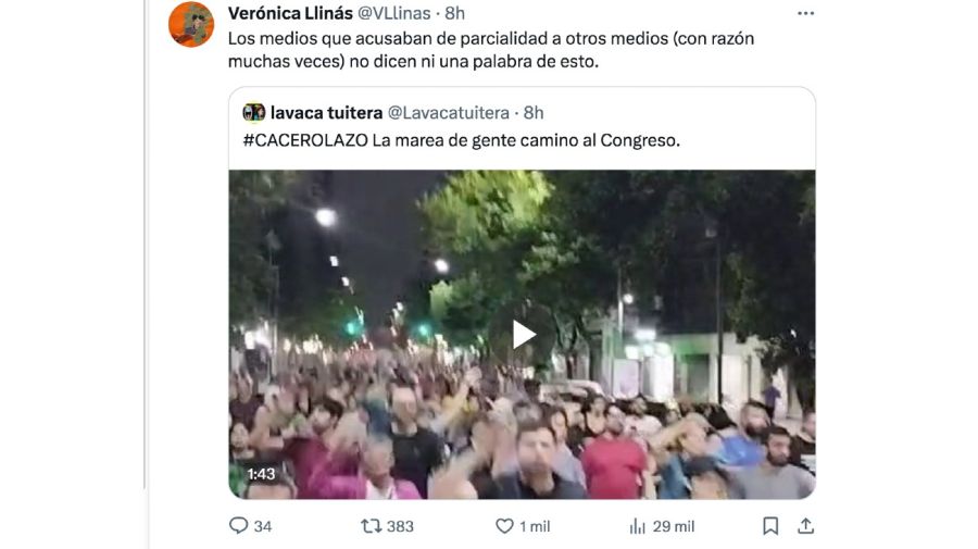 Verónica Llinás disparó contra los medios por no transmitir el cacerolazo contra el DNU de Javier Milei: 