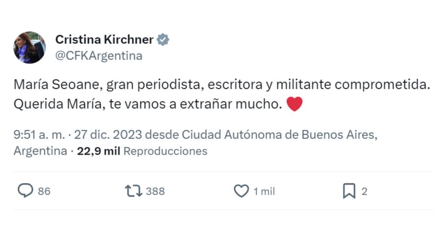Cristina Kirchner despide a María Seoane
